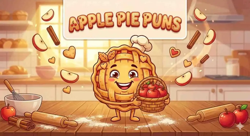 Happy apple pie holding apples