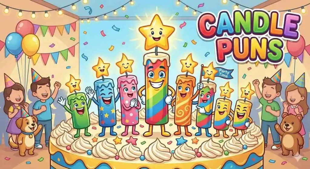 Cartoon birthday candles making jokes