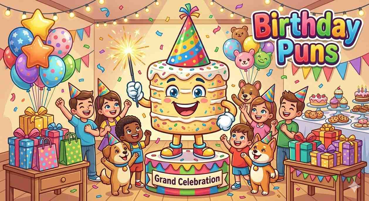 Funny birthday characters celebrating together