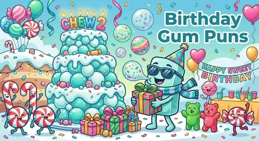 Birthday gum character celebrating happily