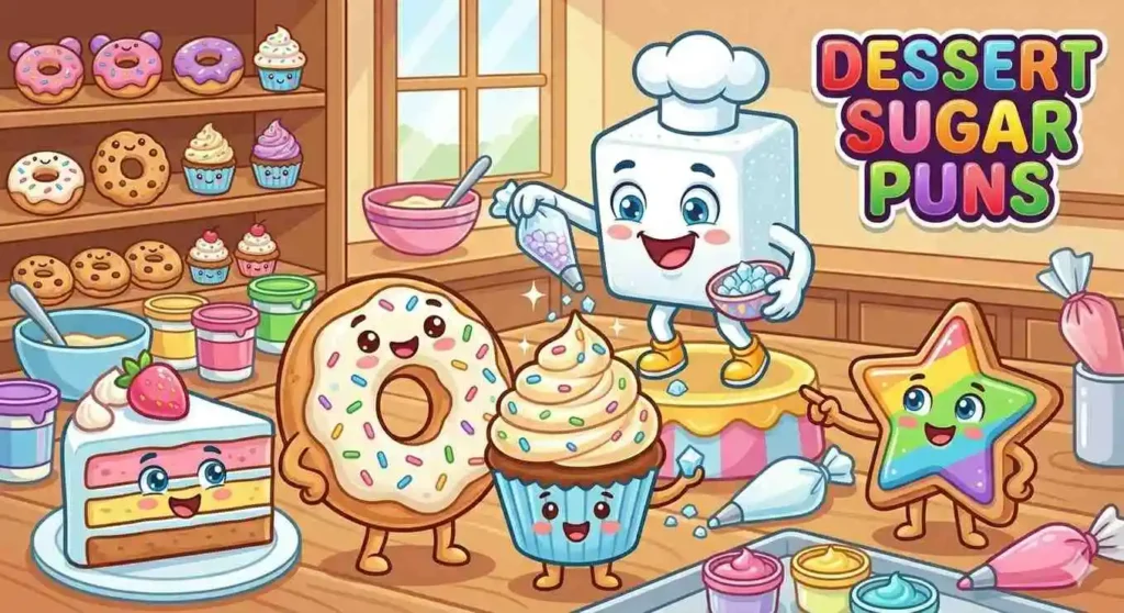 Funny dessert characters in bakery