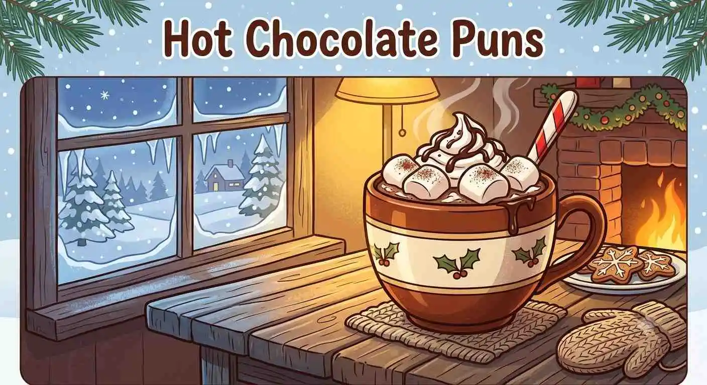 Cozy hot chocolate mug winter scene