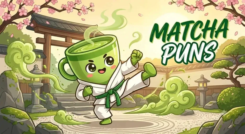 Cheerful matcha latte mascot