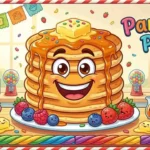 Happy pancake stack with syrup
