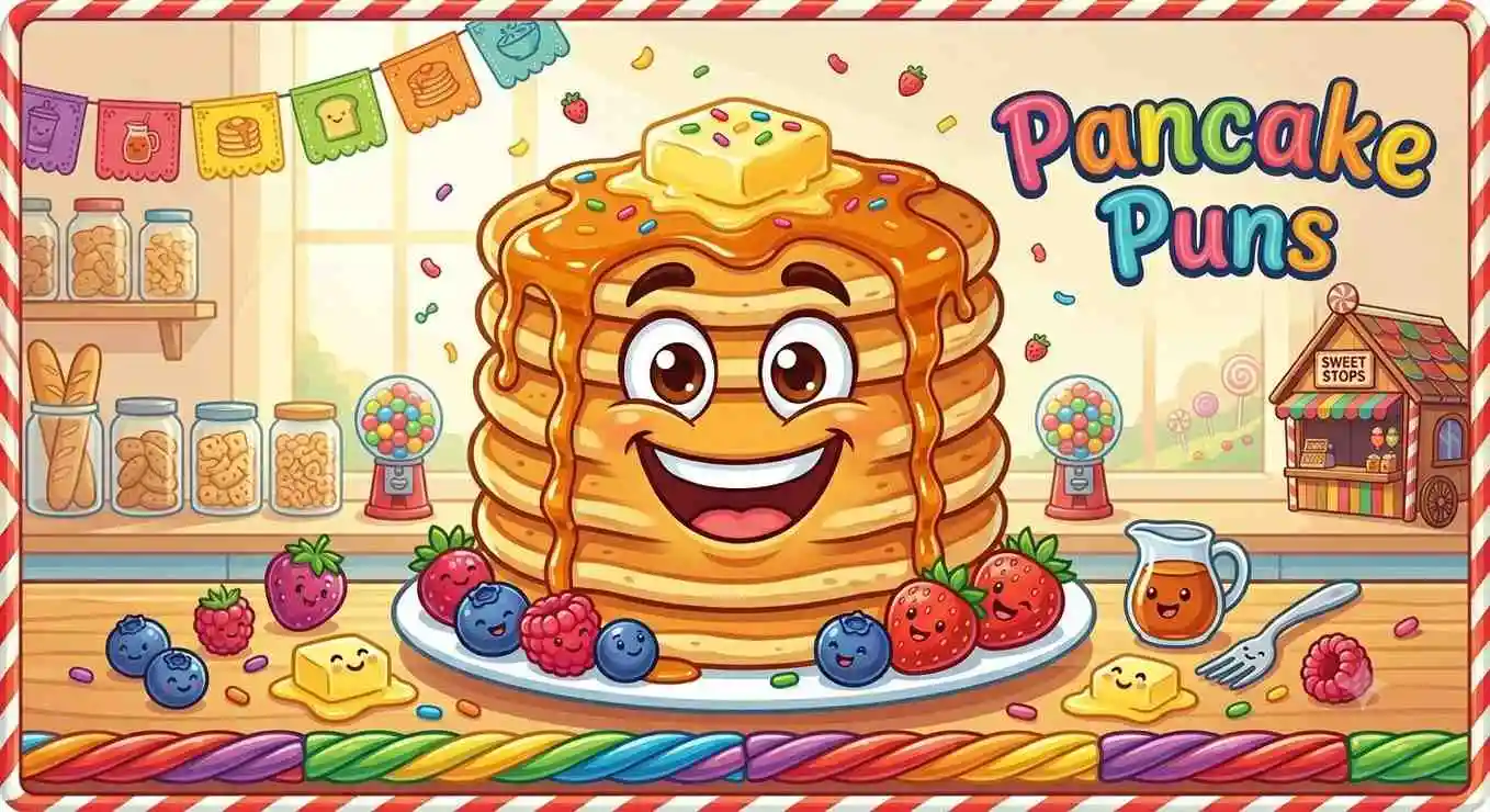 Happy pancake stack with syrup
