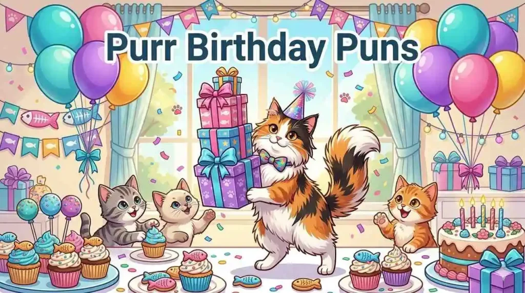 Playful cat birthday celebration scene
