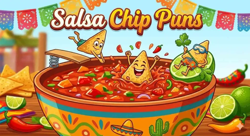 Cartoon chips dipping into salsa