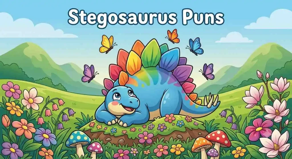Happy stegosaurus with flowers