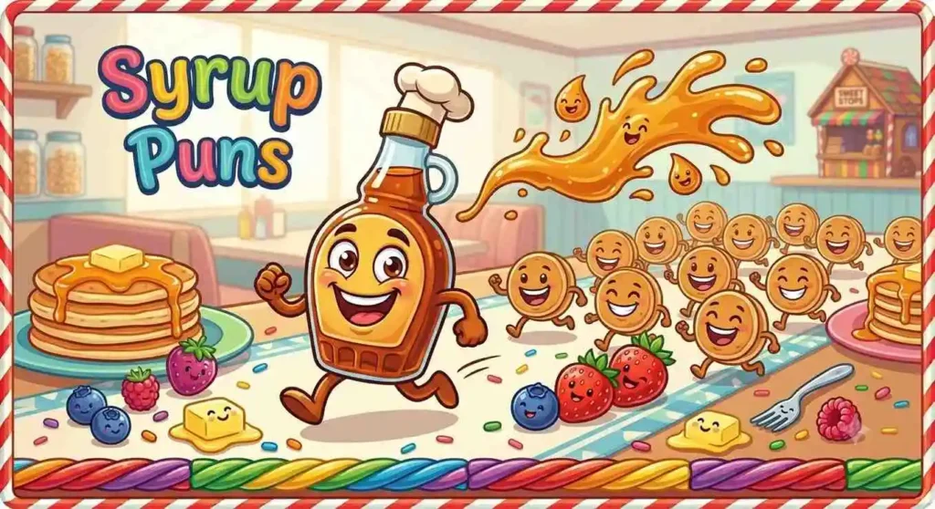 Funny syrup bottle chasing pancakes