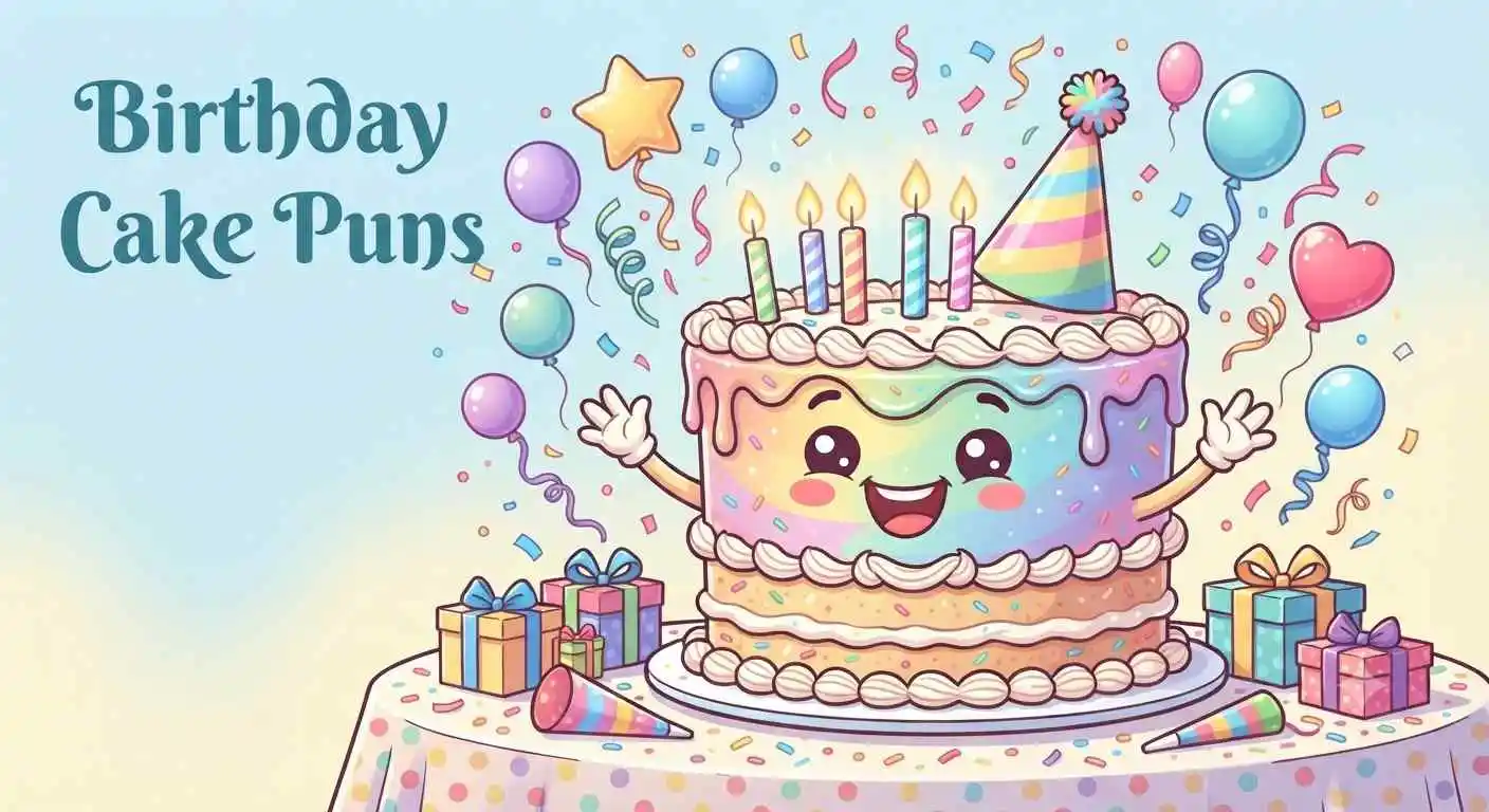 Funny birthday cake characters celebrating