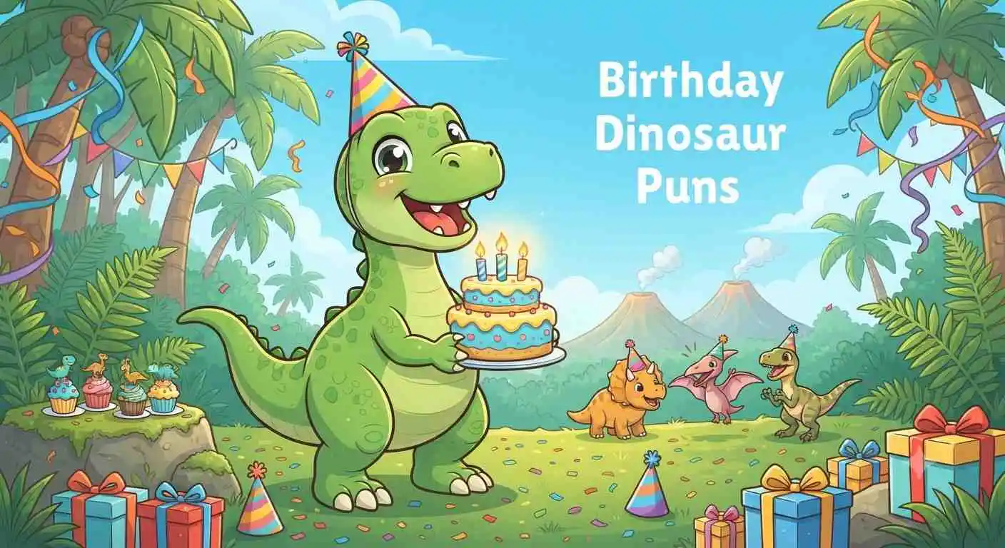 Cute birthday dinosaurs celebrating together