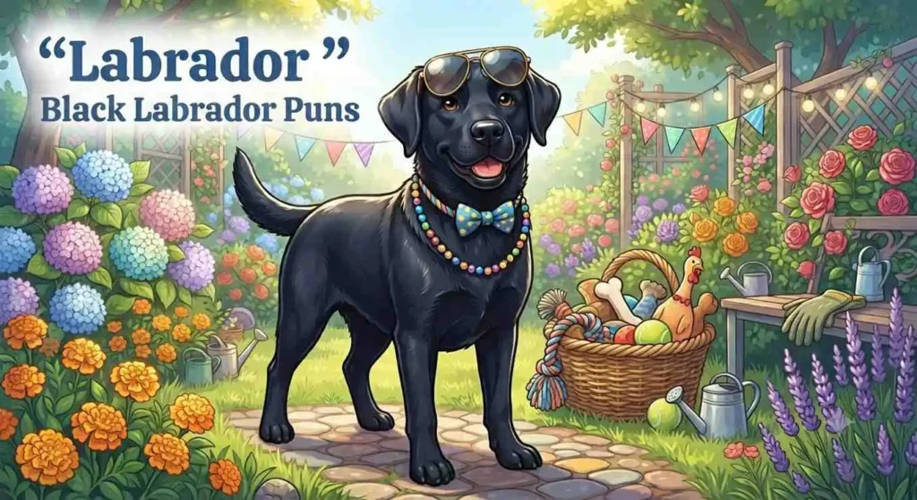 Black Labrador wearing funny costume outdoors.
