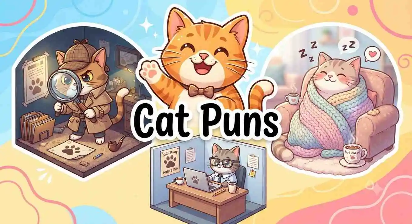 Cute cats showing funny pun themes.