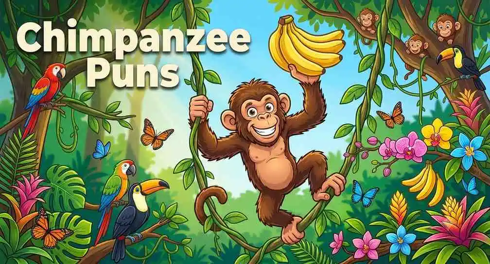 Smiling chimpanzee climbing jungle vines