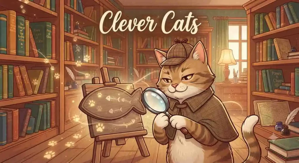 Detective cat solving mystery with magnifying glass