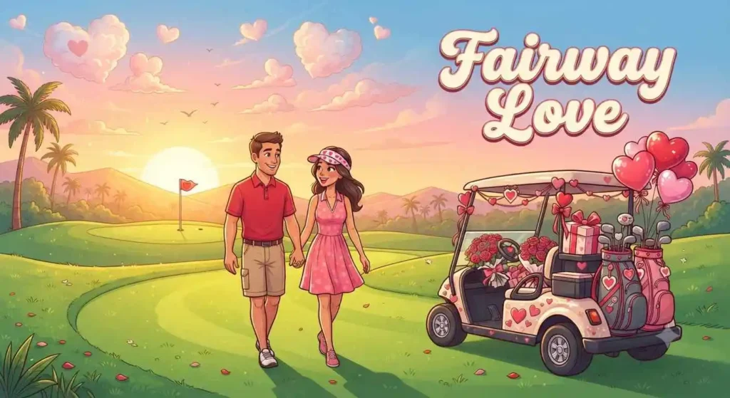 Romantic golfers walking fairway