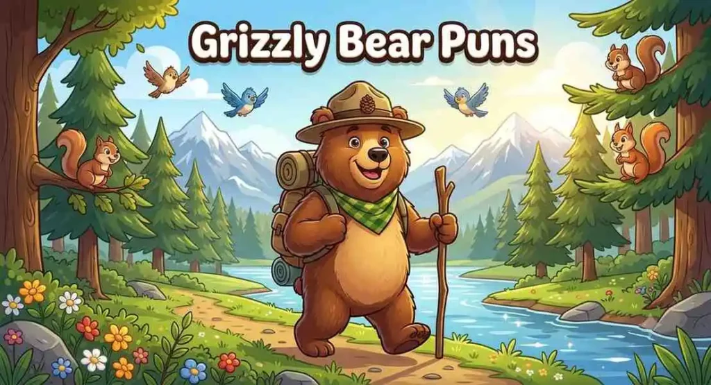 Funny grizzly bear hiking
