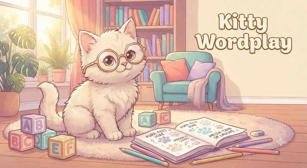 Smiling kitten with alphabet blocks