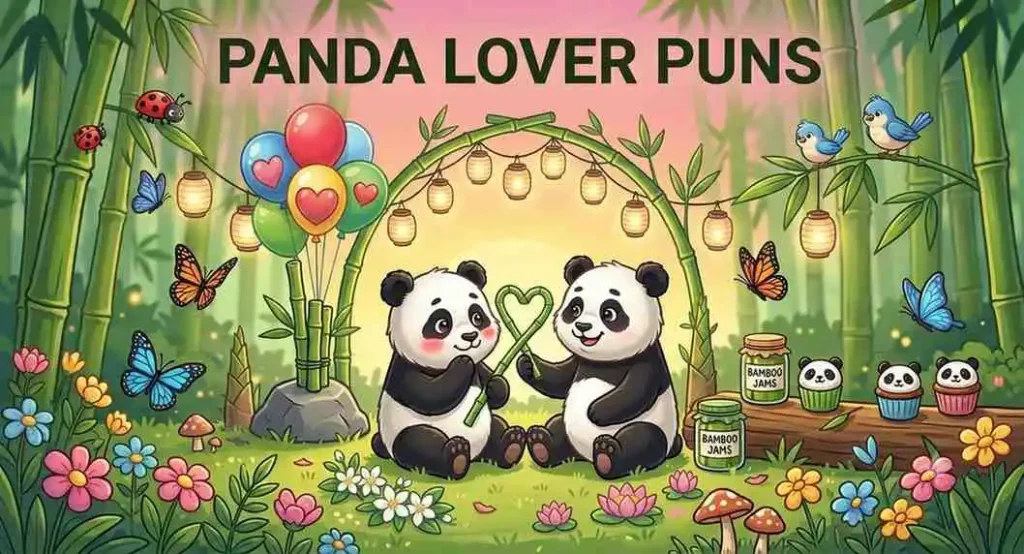 Cute panda couple sharing bamboo