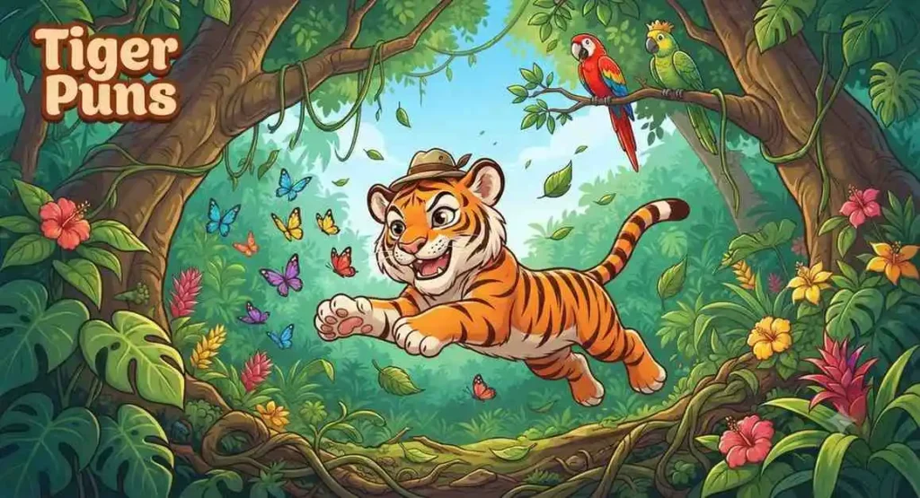 Playful tiger roaring happily