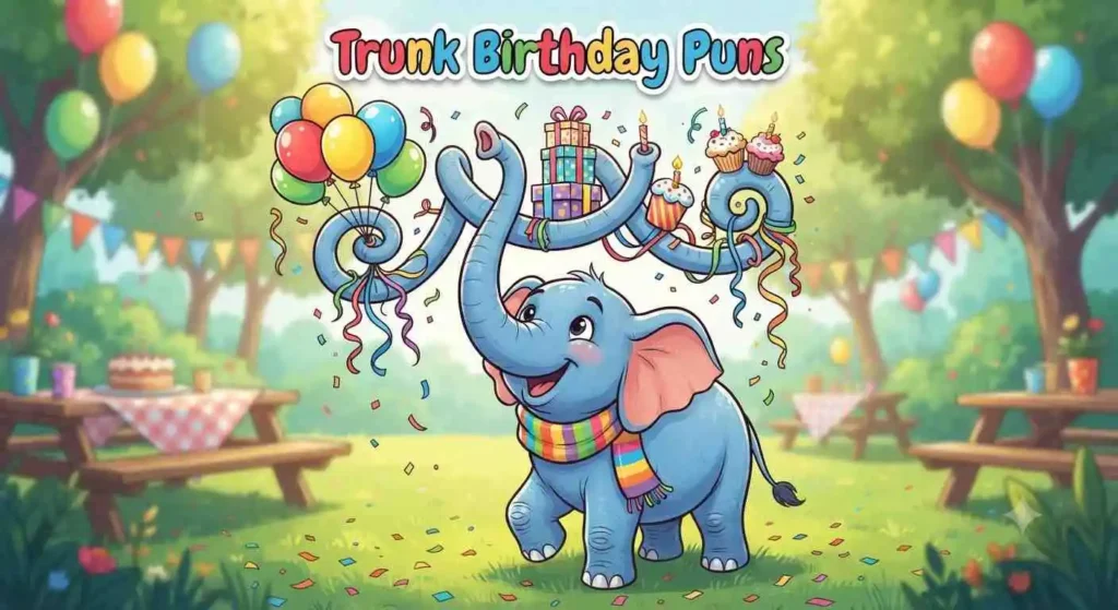 Elephant trunk holding birthday balloons