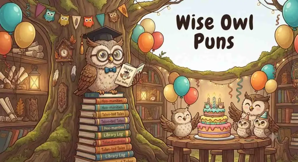 Wise owl birthday celebration scene