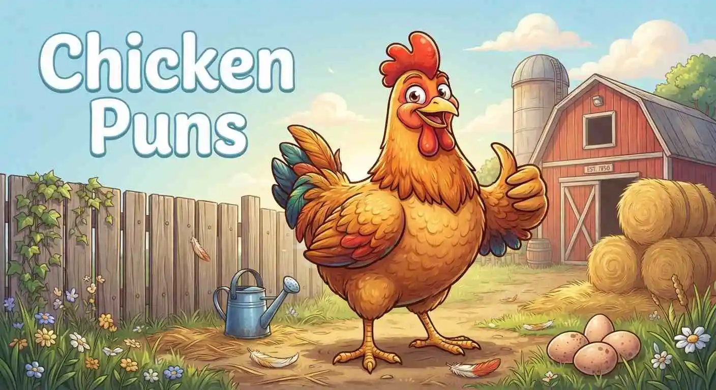 Funny chicken with colorful farmyard