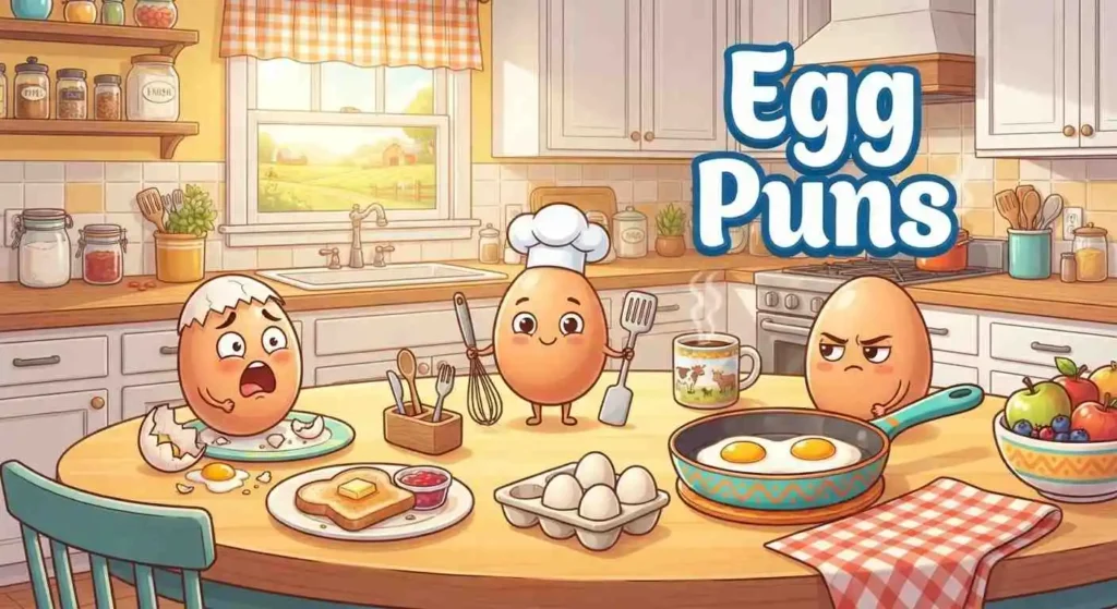 Funny eggs in colorful kitchen