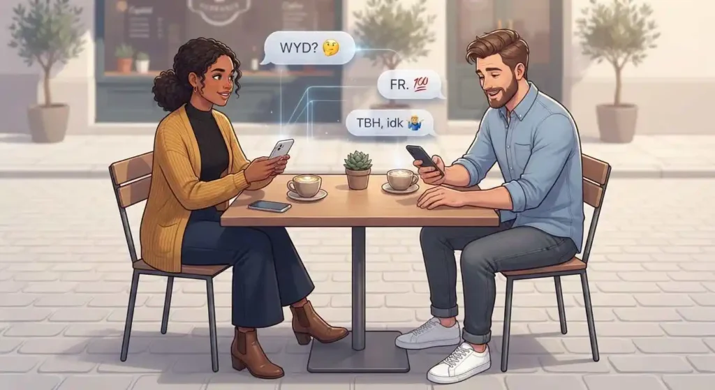 Friends discussing slang context