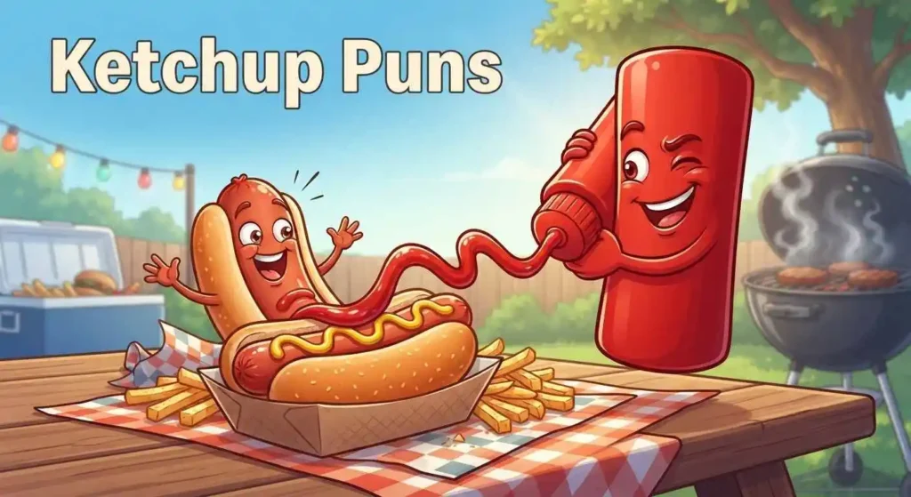 Funny ketchup bottle serving hot dog