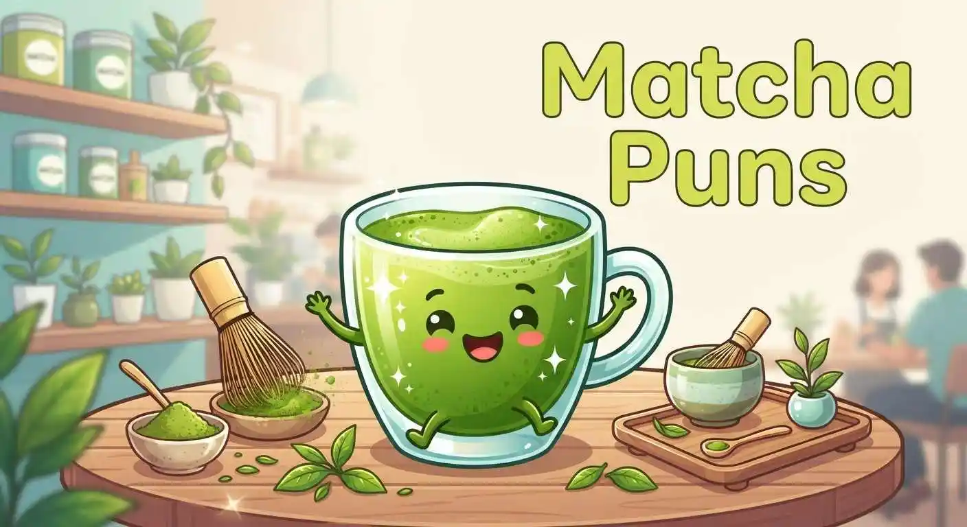 Cute matcha character with playful puns