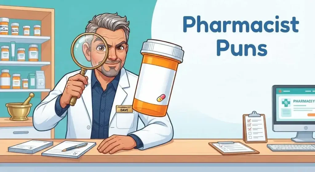 Funny pharmacist at counter