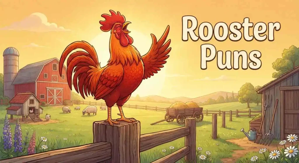 Funny rooster crowing on farm