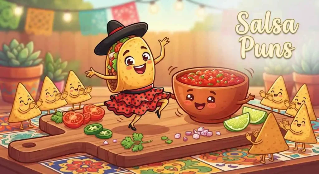 Funny taco dancing beside salsa