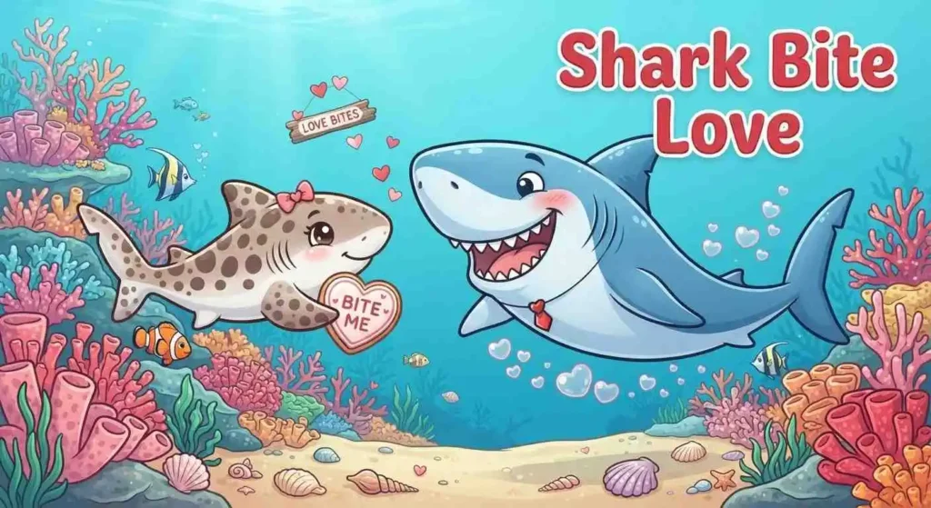 Playful sharks sharing Valentine hearts
