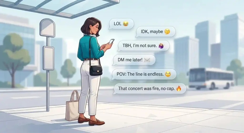 Woman reading slang chat messages