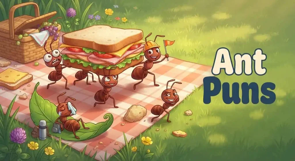 Funny ants carrying picnic food