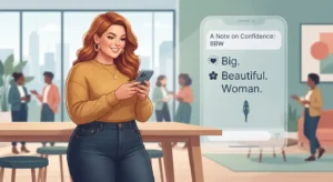 Confident plus-size woman viewing a BBW text message