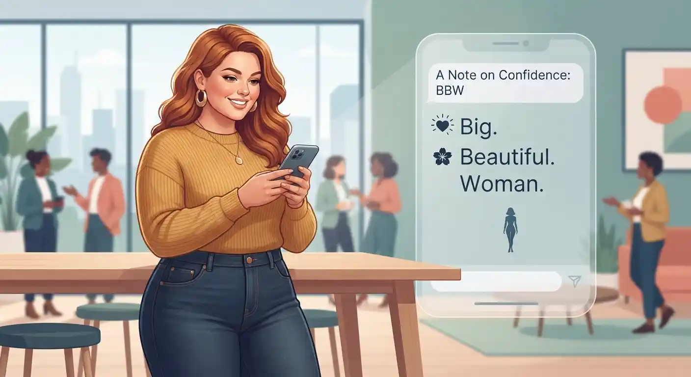 Confident plus-size woman viewing a BBW text message