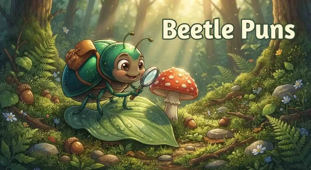 Funny beetle exploring green leaves