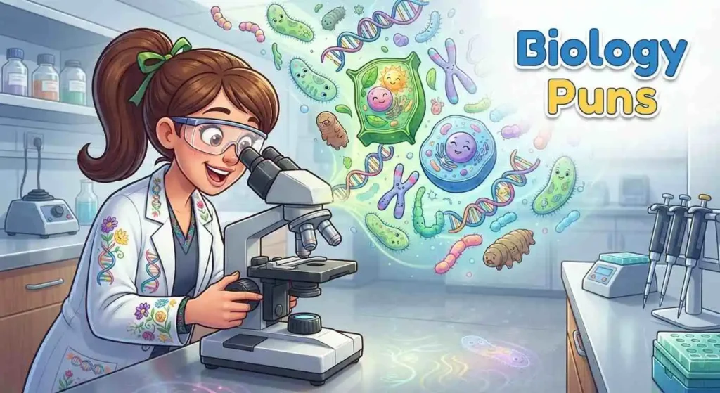 Funny biology scientist studying colorful cells