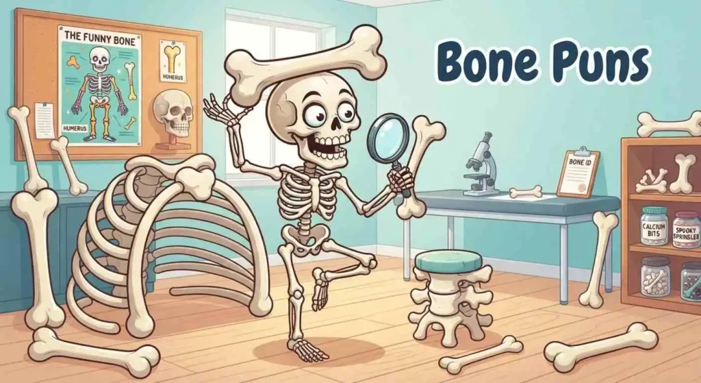Funny skeleton surrounded by bones