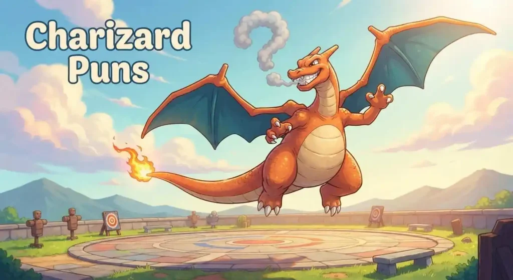 Funny fire dragon flying above arena