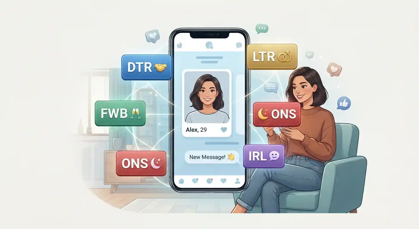 Adult viewing common dating abbreviations on a phone