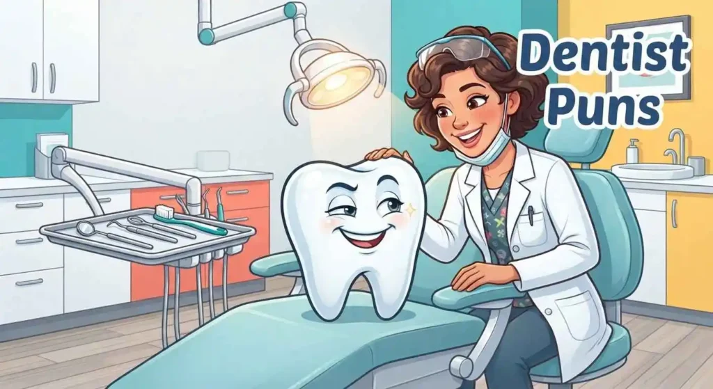 Funny dentist treating tooth