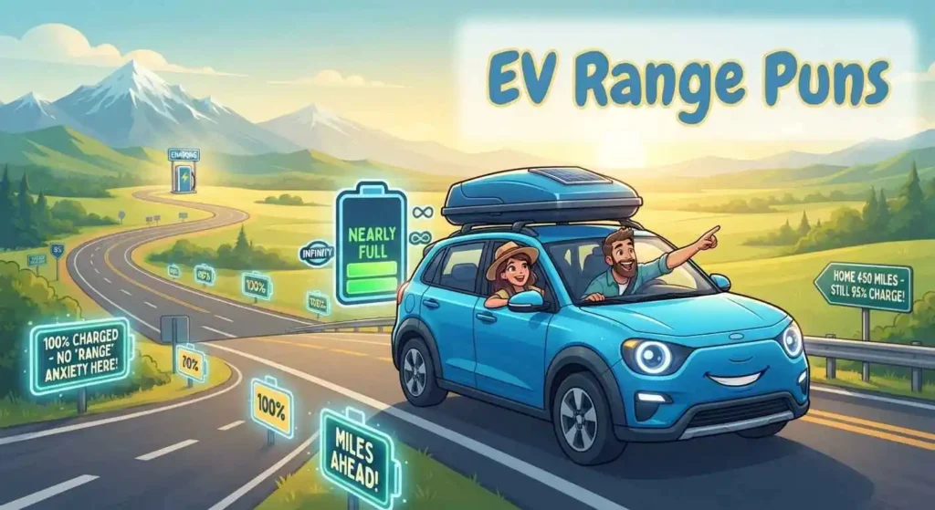 Funny electric car driving toward charging station