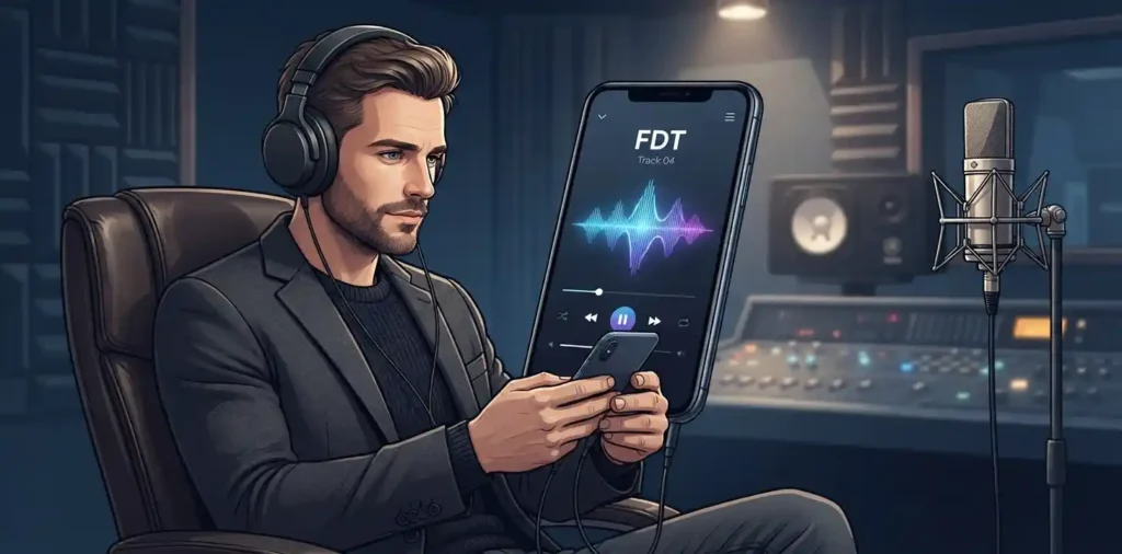 Adult listening to the FDT song on a smartphone