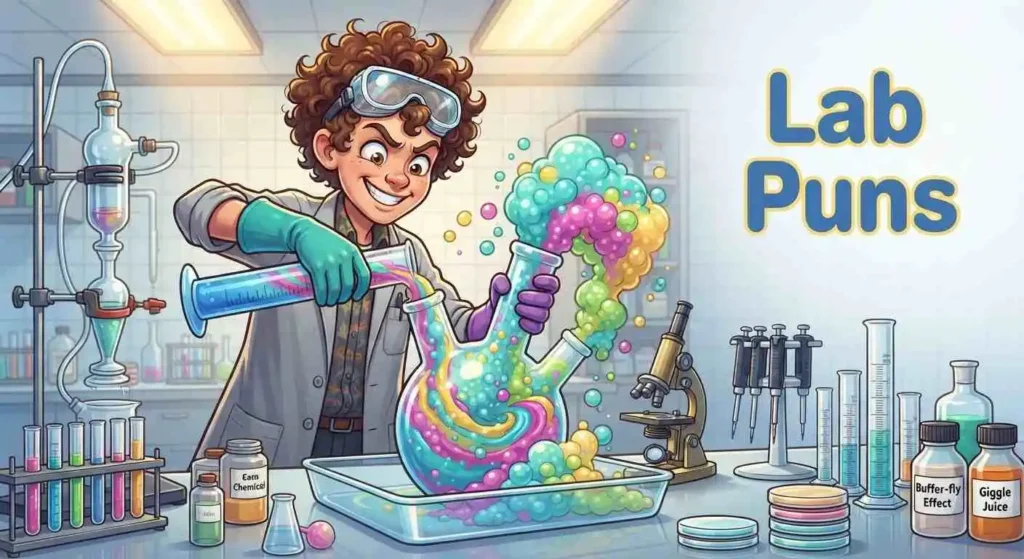 Funny scientist experimenting with colorful lab equipment
