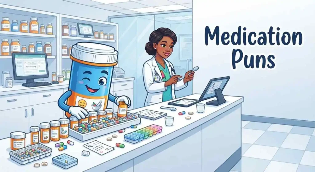 Funny cartoon medicine character with pills