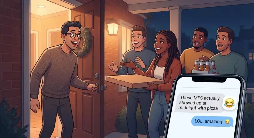 Friends arriving with pizza